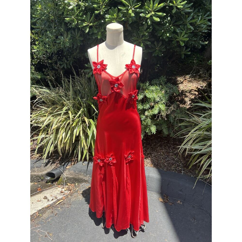Vintage Y2K Red Satin Maxi Slip Dress Lace Up Rhinestones Lingerie - Picture 3 of 7